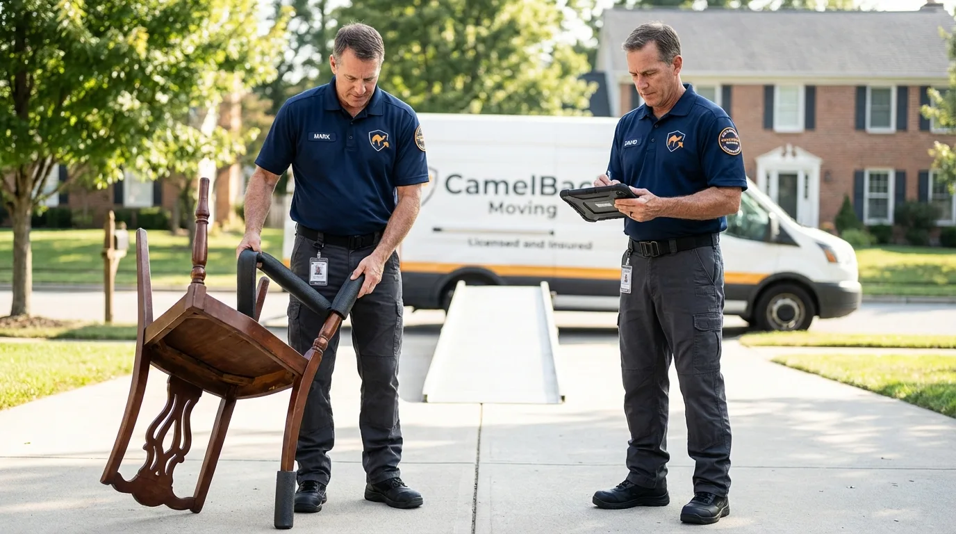 Movers inspecting furniture for damage prevention before loading in Liberty, SC
