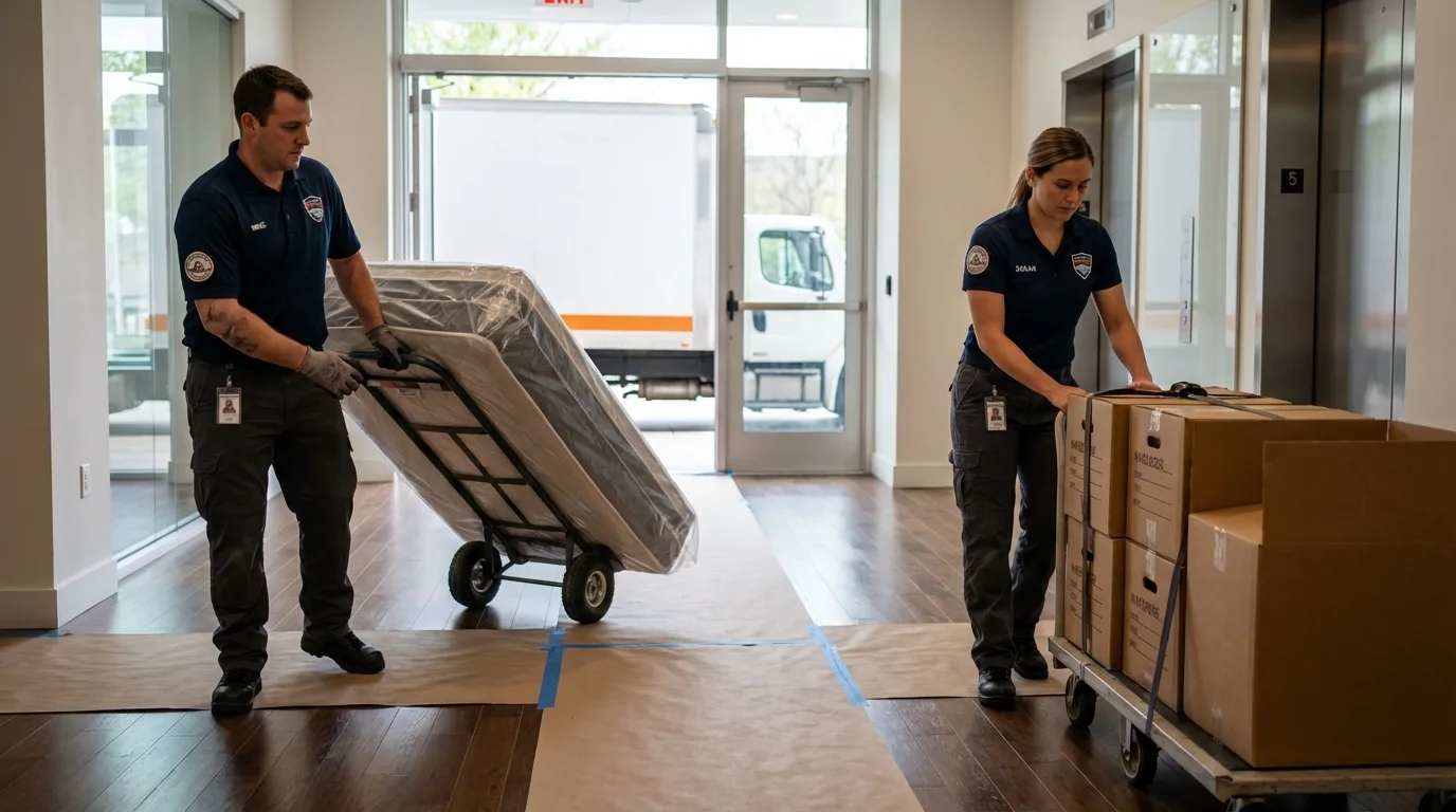 Professional apartment movers loading elevator in Liberty, SC