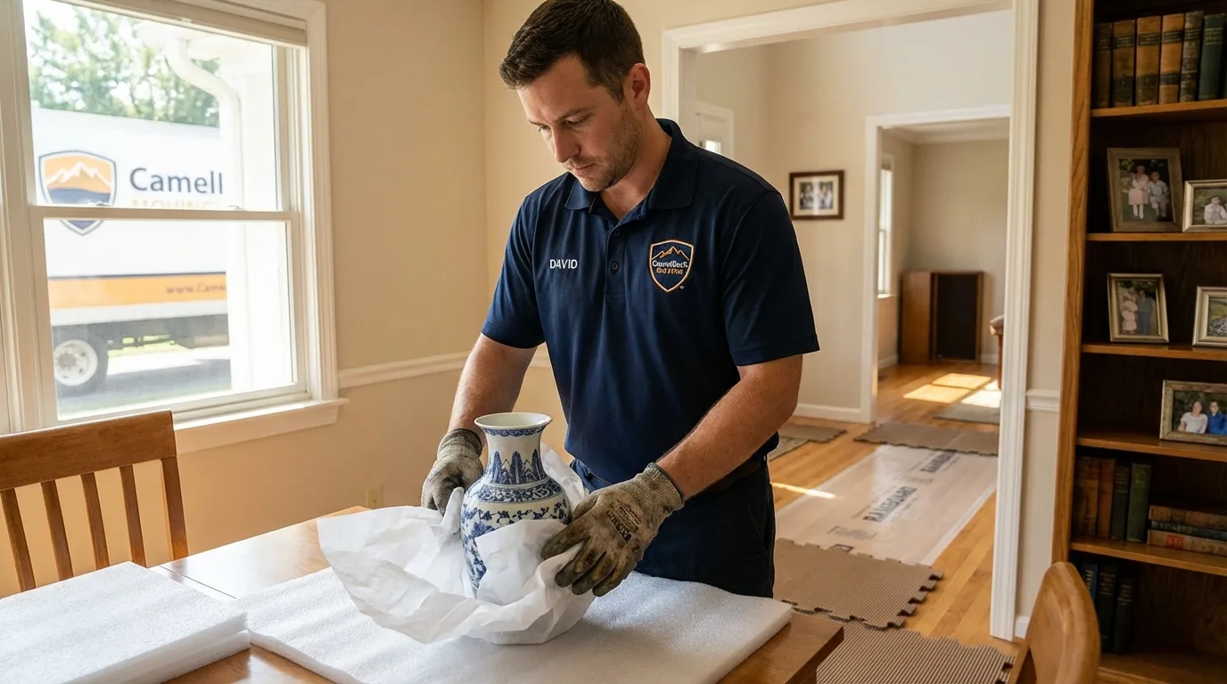 Professional crew carefully wrapping antique vase for senior downsizing move in Liberty, SC